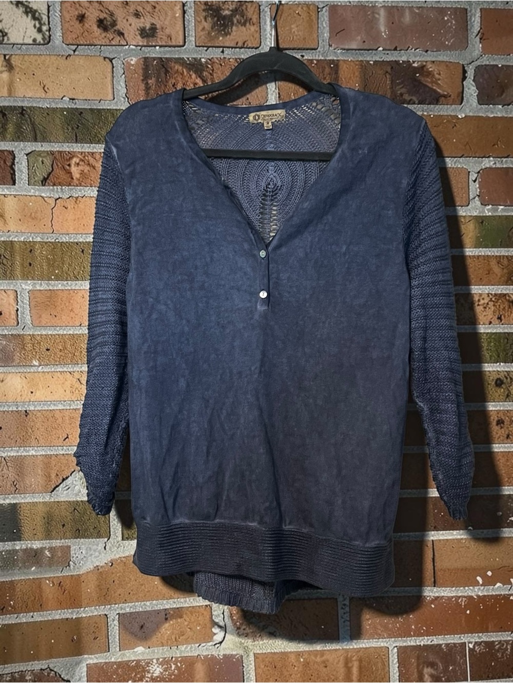 Democracy Navy Blue Lightweight Henley Knit Sweater